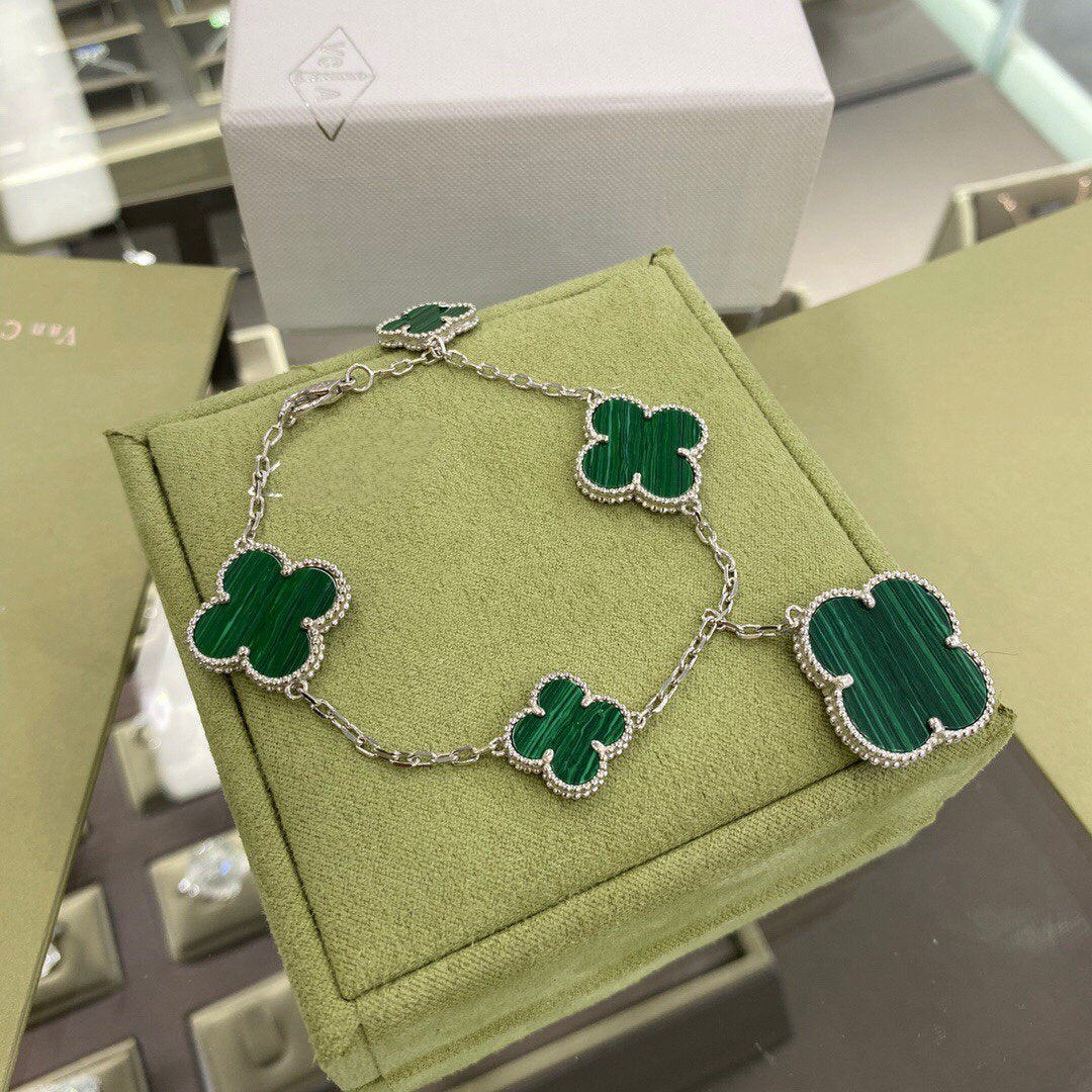 [BLUE TEARS]CLOVER 5 MOTIFS SIVLER MALACHITE BRACELET